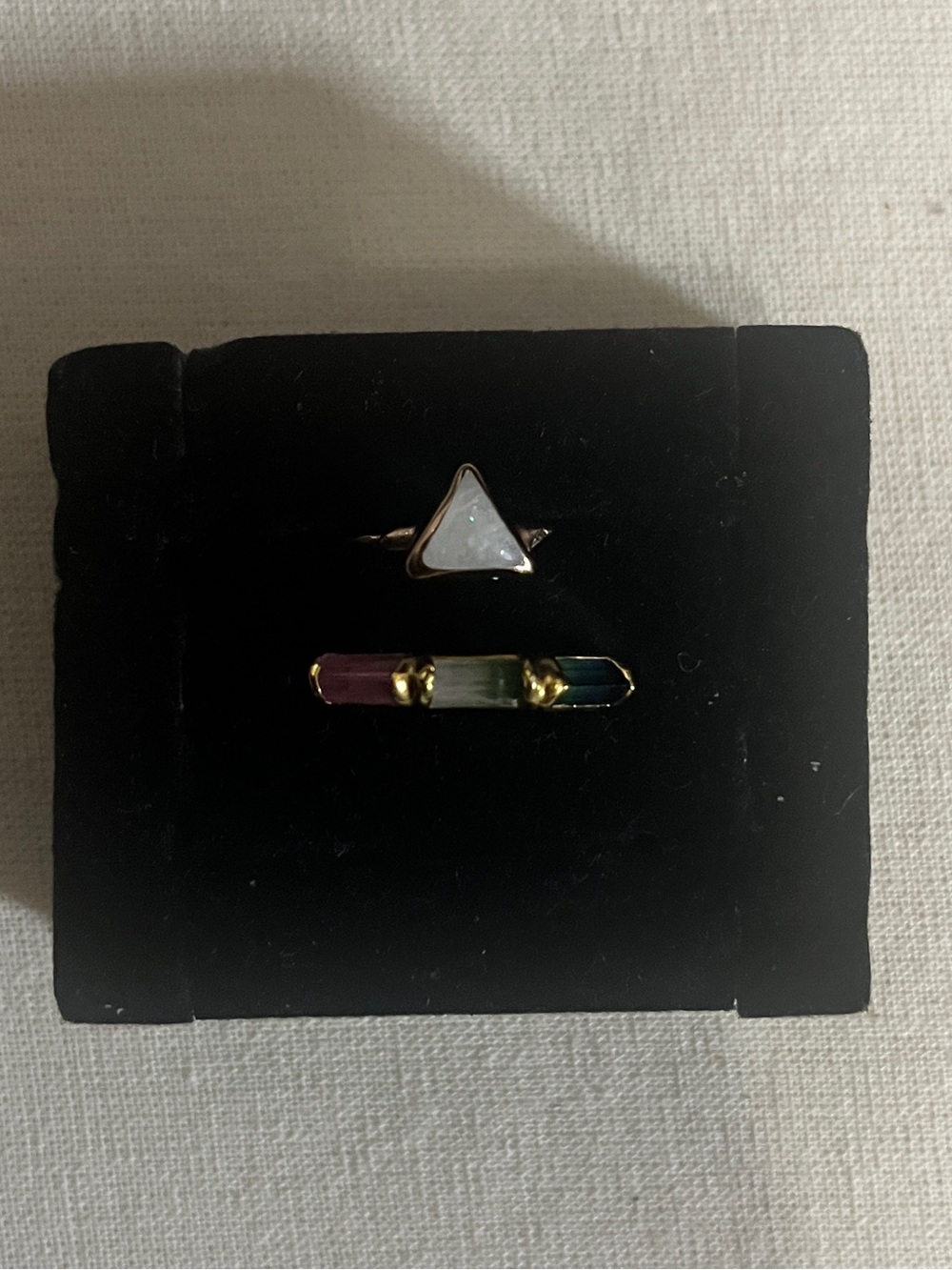 Ringcrush 24K Gold Filled Triangle Moonstone and Tourmaline Baguette Ring Set